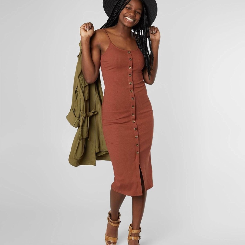 Fitted Faux Button-Front Brown Midi Dress